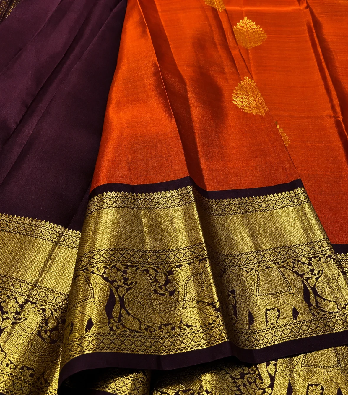 Old wedding saree buyers in T Nagar Chennai — Kanchipuram silk saree with gold zari elephant border