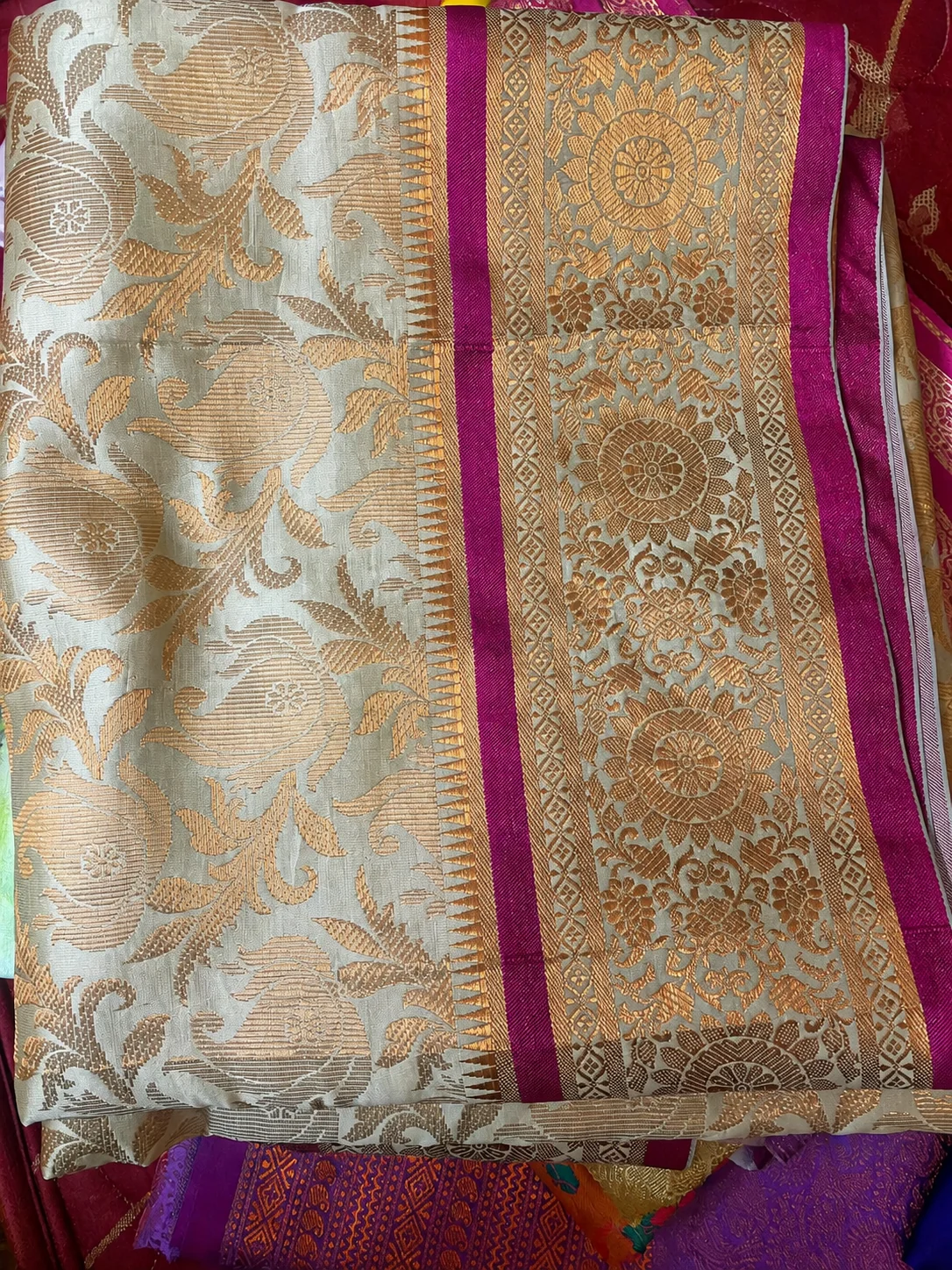 Sell old silk sarees for cash in Mogappair Chennai — cream and magenta zari-woven pattu saree